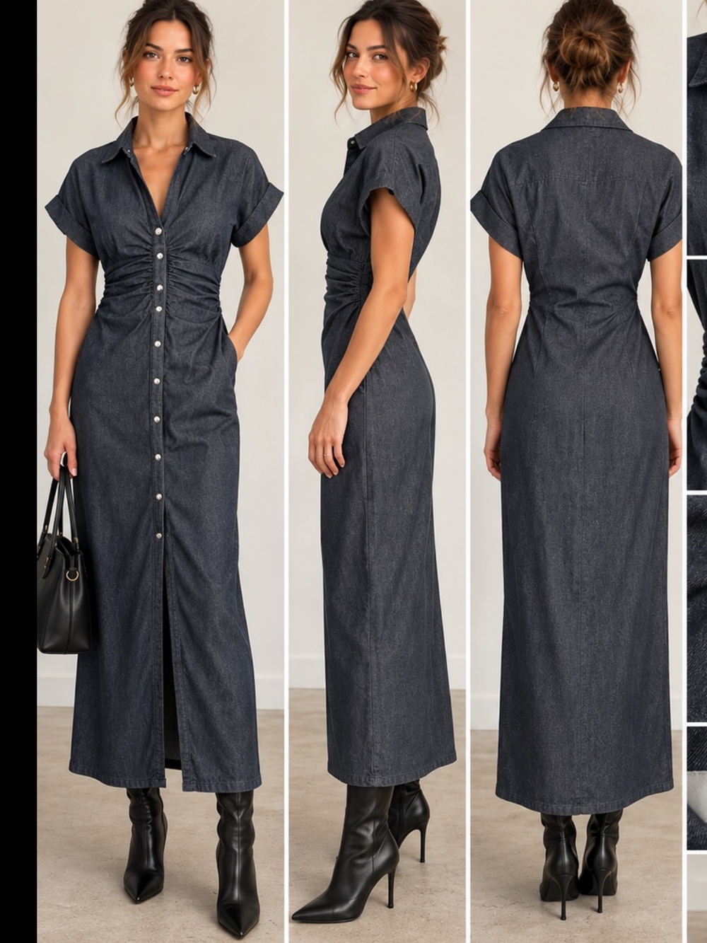 Zara Denim Maxi Dress Ruched Cinched Waist Snap Front Dolman Sleeve